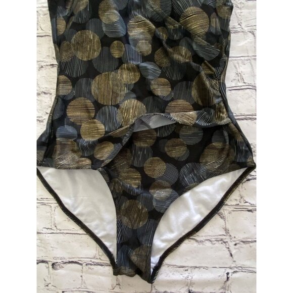Byron Blue Australia Womans One Piece Swimsuit Black Gold Blue Circle Size 12 - Picture 7 of 16